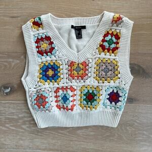 Forever 21 Granny Square Colorful Crochet Cropped Knit Vest Small